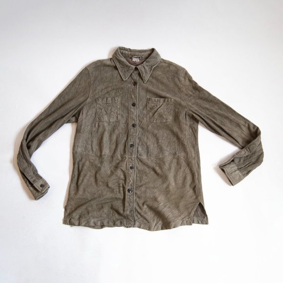 90s/y2k grey leather button down shirt 12 l large / soft leather shirt /long sle - Picture 4 of 5